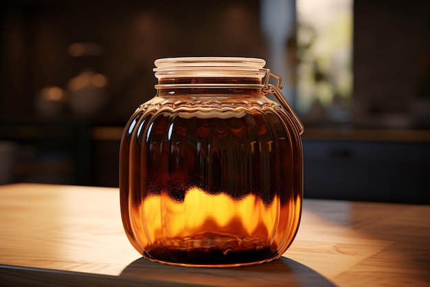 a jar of honey on a table