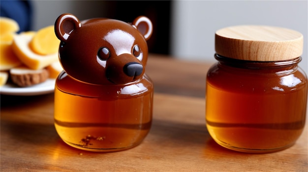 A jar of honey with a bear head on it