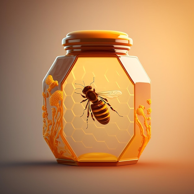 A jar of honey with a bee on it