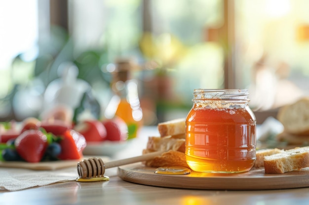 Jar of Honey with Bread Slices and Strawberries