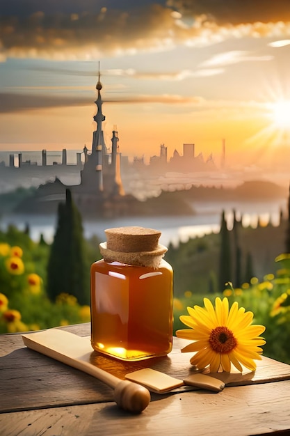 A jar of honey with a city in the background