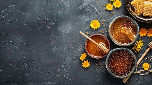 Photo a jar of honey with daisies on a table