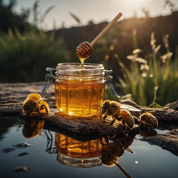 Photo a jar of honey with a gleaming surface capturing its rich amber hue and natural sweetness