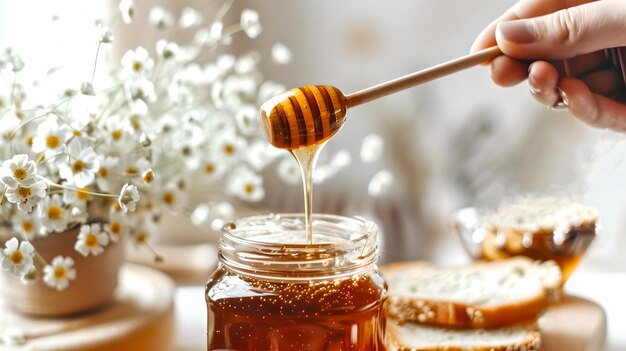 Jar of honey with honey dipper Cozy kitchen setting with honey flowing Honey jar on table with bread slices Closeup of natural sweet honey AI