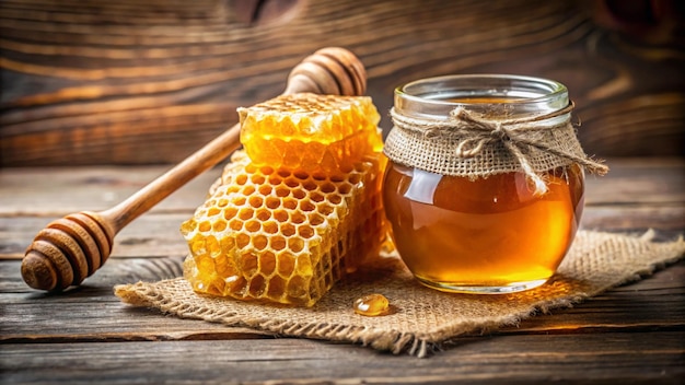 Photo a jar of honey with a honeycomb and honey on a table