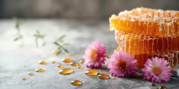 Photo a jar of honey with honeycombs and fresh flowers beside it the golden honey glistens and the honey