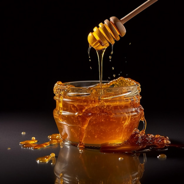 A jar of honey with a spoon dripping off of it