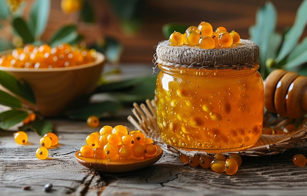 A jar of honey with a spoon in it and a bowl of berries next to it