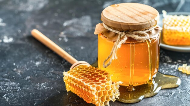 Photo a jar of honey with a spoon next to it