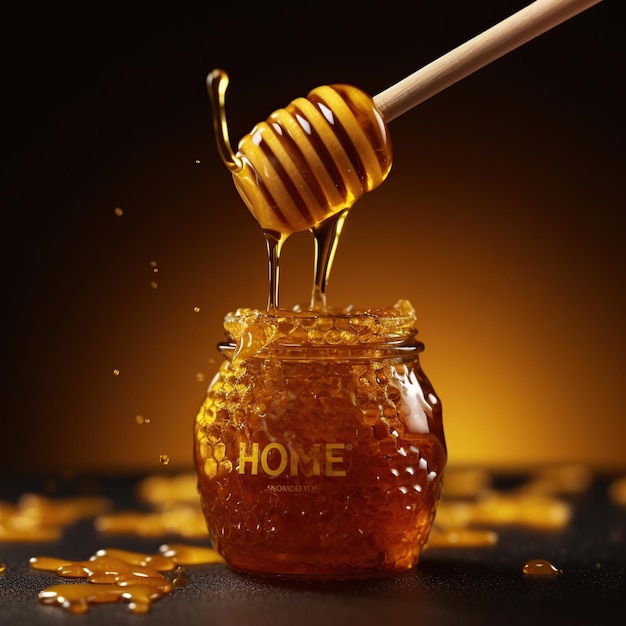 A jar of honey with a stick of honey dripping from it.