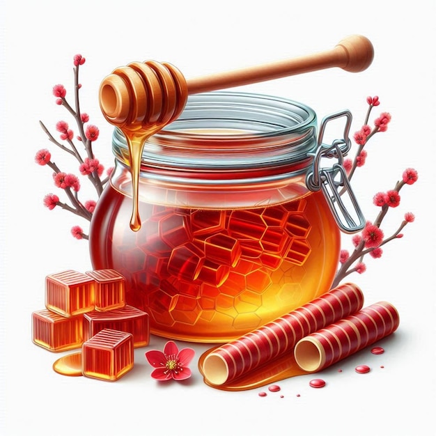 a jar of honey with a stick and a sticker that says  honey