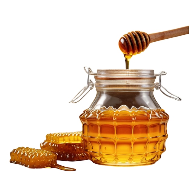 a jar of honey with a wooden handle and a honey jar that says honey