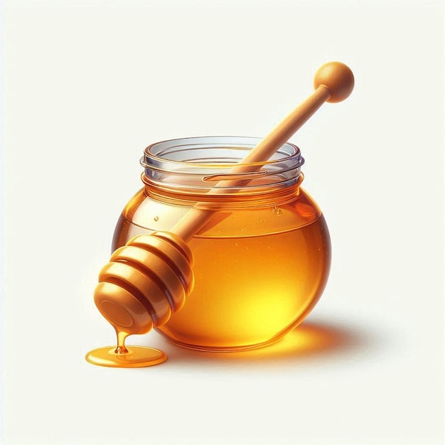 a jar of honey with a wooden handle and a wooden spoon in it