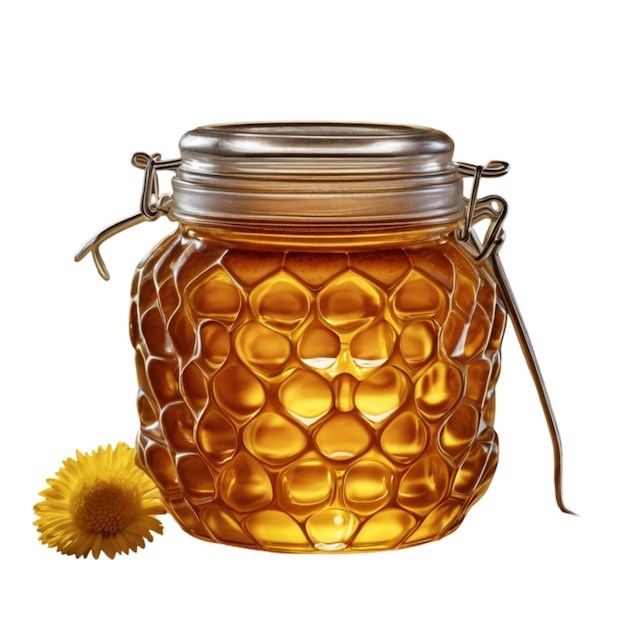 a jar of honey with a yellow flower in it