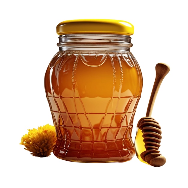 a jar of honey with a yellow lid that says honey on it