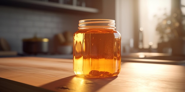 jar of honey on wooden table at kitchen background under sun light