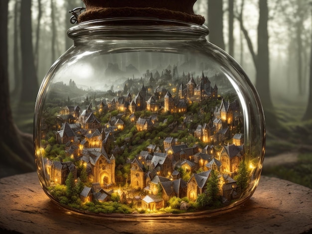 A jar of houses with lights on the bottom