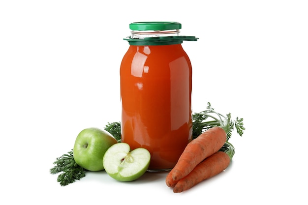 Jar of juice, carrot and apple isolated on white isolated background