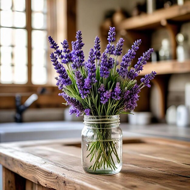 a jar of lavender is on a wooden table with a window behind it