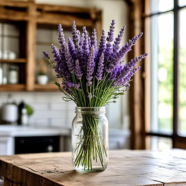 a jar of lavender sits on a table with a window behind it