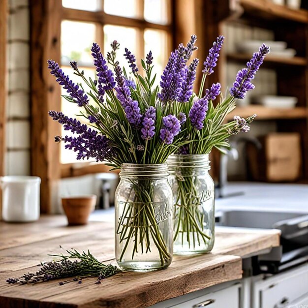 a jar of lavender sits on a wooden table with a window behind it