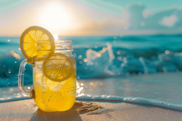 Photo a jar of lemonade sits on the beach with the ocean in the background