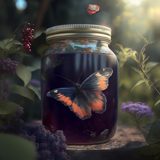 A jar of liquid with a butterfly on it