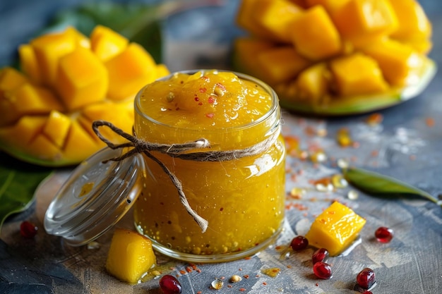 Photo a jar of mango chutney next to a pile of mango chutney