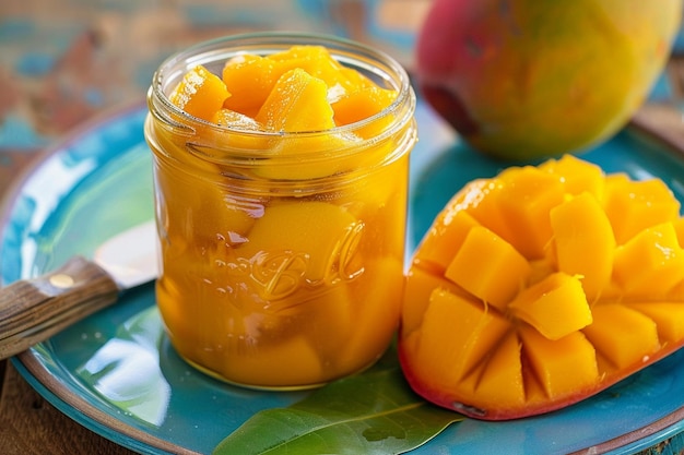 Photo a jar of mango pickle sits on a blue plate next to a knife and a mango