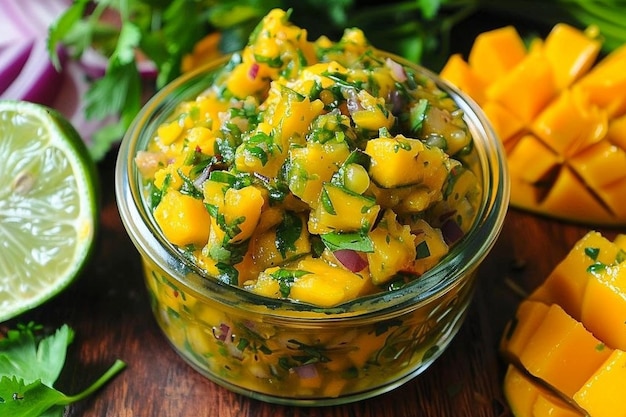 Photo a jar of mango salsa sits on a wooden table next to a jar of mango salsa