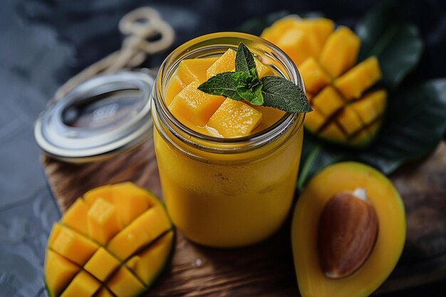 Photo a jar of mango salsa with a green leaf on the side