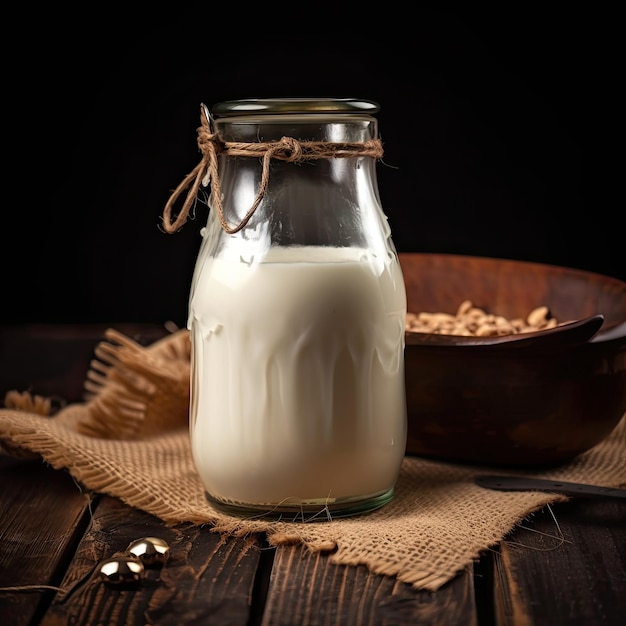 A jar of milk on a wooden table