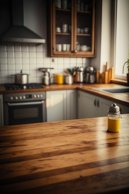 Jar of mustard sitting on top of wooden table in kitchen Generative AI