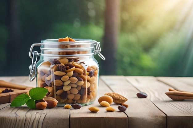 A jar of nuts on a wooden table with a green leaf in the background.