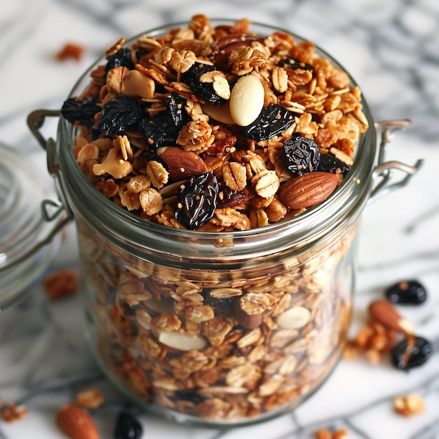 a jar of oatmeal with a nut inside of it