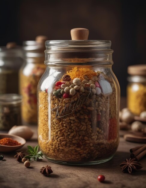 a jar of oatmeal with spices and spices on a wooden table