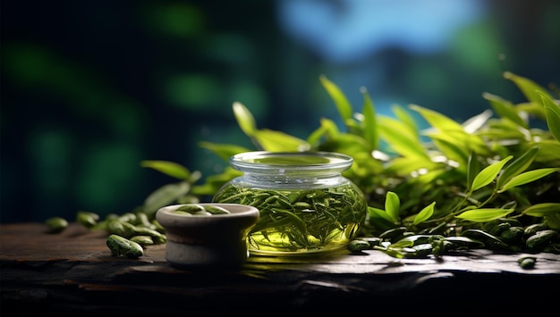 a jar of olive oil sits on a table with a plant in the background