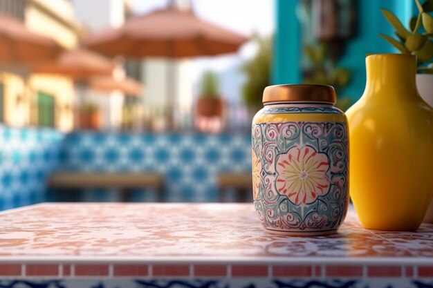 A jar of orange juice sits on a table with a blue and white tile background.