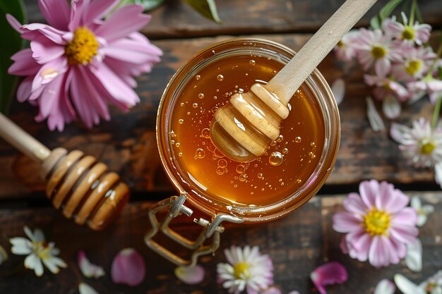 Jar of Organic Honey and Surroundings