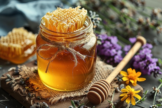 Jar of Organic Honey and Surroundings