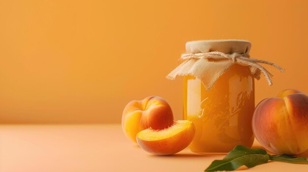 Jar of peach jam next to fresh peaches on orange background