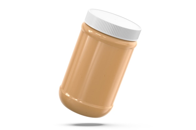 A jar of peanut butter is floating in the air.