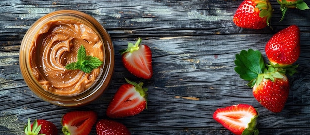 Jar of peanut butter surrounded by strawberries