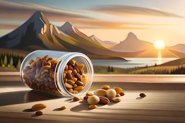 A jar of peanuts is on a table with mountains in the background.