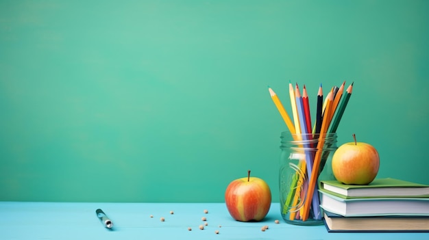 a jar of pencils a apple and a jar of straws are on a table