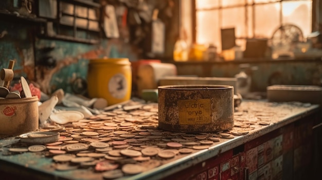 A jar of pennies sits on a table with a yellow container labeled'2'on it.