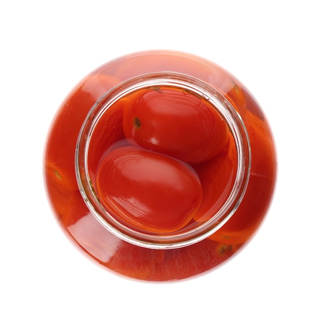 Jar of pickled tomatoes isolated on white top view