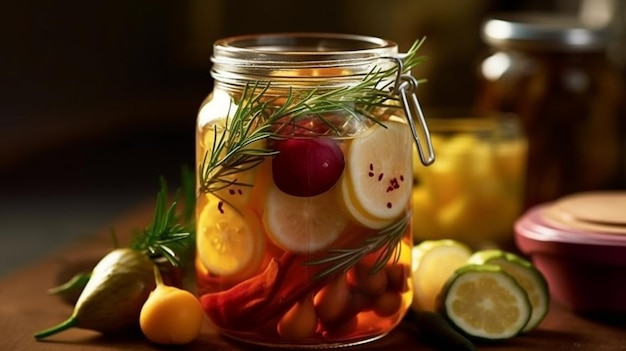 A jar of pickled vegetables with a jar of pickled vegetables.