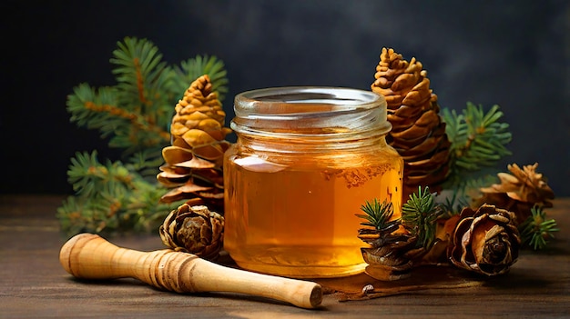 a jar of pine cones with a pine cone next to it