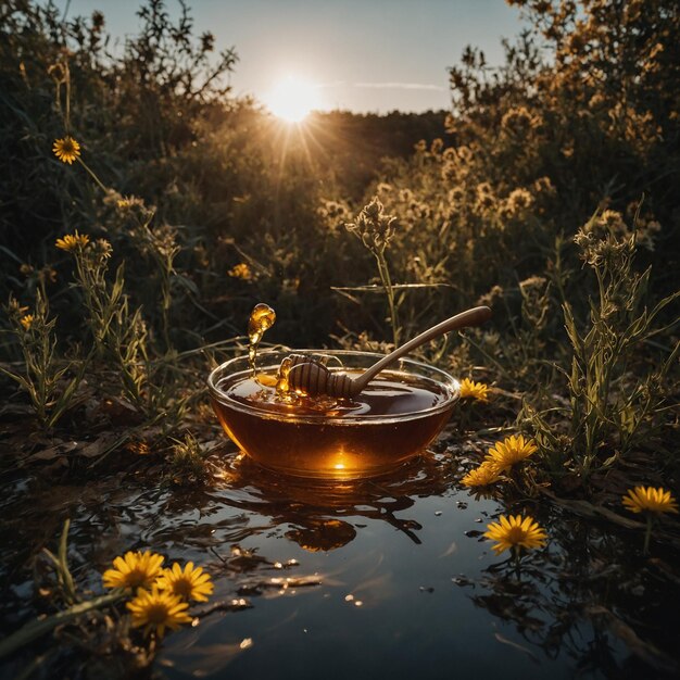 Photo a jar of pure honey surrounded by vibrant fruit and natural ingredients capturing its sweet appeal